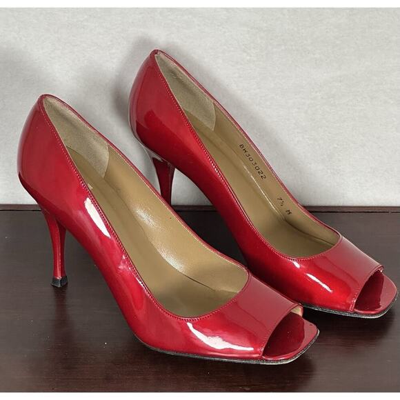 Stuart Weitzman Red Patent Leather Open Toe Heels Sz 9.5 - Picture 3 of 8
